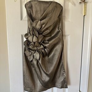 Jessica McClintock Strapless Metallic Taupe Cocktail Dress with Floral Detail